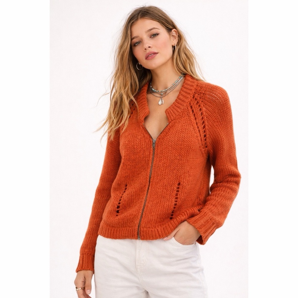 Wooden Ships Mohair Wool Blend Open Knit Full Zip Sweater